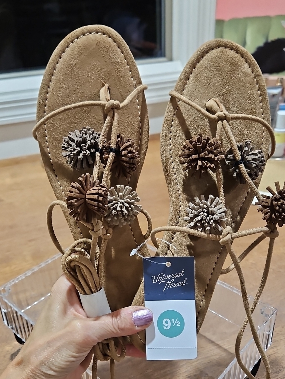 Universal Thread Tan Suede Pom-Pom Lace-Up Sandals